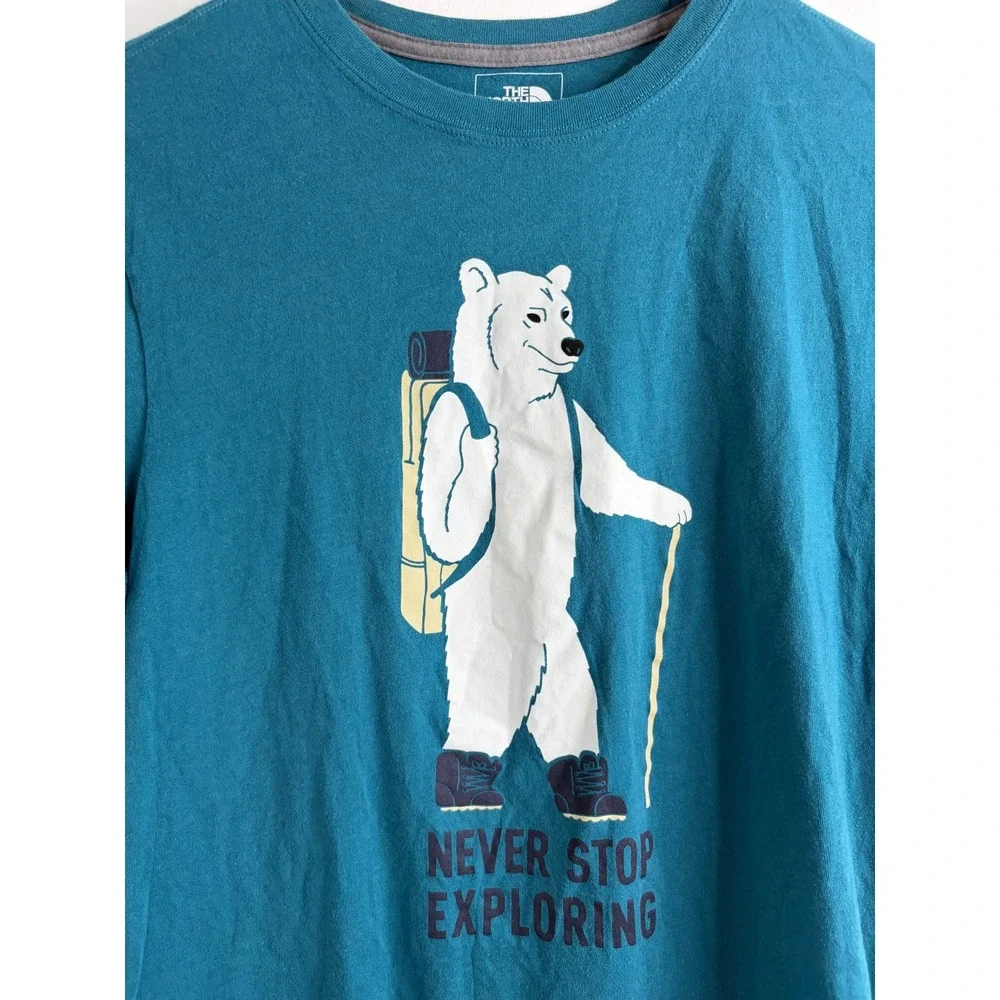 The North Face Mens Teal Blue Hiking Polar Bear Graphic T-Shirt Slim Fit Small